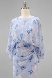 Blue Flower Bateau Neck Sheath Long Mother Of the Bride Dress with Half Sleeves