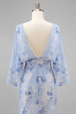 Blue Flower Bateau Neck Sheath Long Mother Of the Bride Dress with Half Sleeves