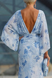 Blue Flower Bateau Neck Sheath Long Mother Of the Bride Dress with Half Sleeves