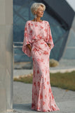 Blue Flower Bateau Neck Sheath Long Mother Of the Bride Dress with Half Sleeves