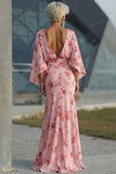 Blue Flower Bateau Neck Sheath Long Mother Of the Bride Dress with Half Sleeves