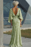 Sage Green Floral Sheath Mother of the Bride Dress with Flared Sleeves