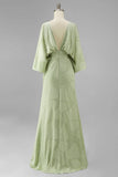 Sage Green Floral Sheath Mother of the Bride Dress with Flared Sleeves