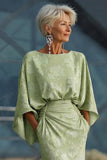 Sage Green Floral Sheath Mother of the Bride Dress with Flared Sleeves