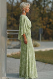 Sage Green Floral Sheath Mother of the Bride Dress with Flared Sleeves