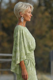 Sage Green Floral Sheath Mother of the Bride Dress with Flared Sleeves