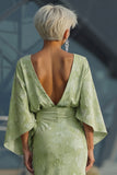 Sage Green Floral Sheath Mother of the Bride Dress with Flared Sleeves