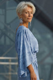 Dusty Blue Floral Sheath Ruched Mother of the Bride Dress with Flared Sleeves