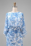 Blue Floral Sheath Mother of the Bride Dress with Flared Sleeves