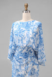 Blue Floral Sheath Mother of the Bride Dress with Flared Sleeves
