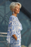 Blue Floral Sheath Mother of the Bride Dress with Flared Sleeves