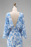Blue Floral Sheath Mother of the Bride Dress with Flared Sleeves