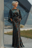Dark Green Printed Sheath Ruched Mother of the Bride Dress with Flared Sleeves