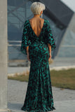 Peacock Blue Printed Sheath Mother of the Bride Dress with Flared Sleeves