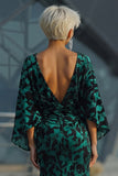 Peacock Blue Printed Sheath Mother of the Bride Dress with Flared Sleeves