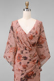Dusty Rose Floral V Neck Sheath Mother of the Bride Dress with Flared Sleeves