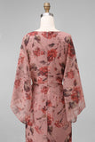 Dusty Rose Floral V Neck Sheath Mother of the Bride Dress with Flared Sleeves