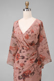 Dusty Rose Floral V Neck Sheath Mother of the Bride Dress with Flared Sleeves