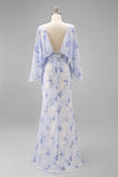 Light Blue Printed Sheath Mother of the Bride Dress with Flared Sleeves