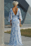 Light Blue Printed Sheath Mother of the Bride Dress with Flared Sleeves