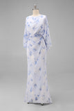 Light Blue Printed Sheath Mother of the Bride Dress with Flared Sleeves