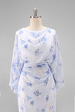 Light Blue Printed Sheath Mother of the Bride Dress with Flared Sleeves