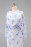 Light Blue Printed Sheath Mother of the Bride Dress with Flared Sleeves