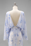Light Blue Printed Sheath Mother of the Bride Dress with Flared Sleeves