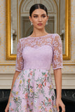 Lilac A Line Floral Half Sleeves Long Mother of the Bride Dress with Embroidery