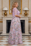 Lilac Floral A Line Embroidered Plus Size Mother of the Bride Dress with Half Sleeves