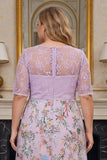 Lilac Floral A Line Embroidered Plus Size Mother of the Bride Dress with Half Sleeves