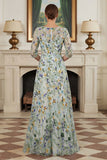 Green Flower A Line Embroidered 3/4 Sleeves Long Mother of the Bride Dress