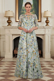 Green Flower A Line Embroidered 3/4 Sleeves Long Mother of the Bride Dress