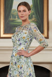Green Flower A Line Embroidered 3/4 Sleeves Long Mother of the Bride Dress