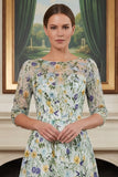 Green Flower A Line Embroidered 3/4 Sleeves Long Mother of the Bride Dress