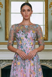 Green Flower A Line Embroidered 3/4 Sleeves Long Mother of the Bride Dress