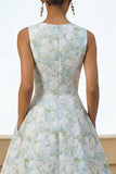 White Blue Flower A Line Round Neck Midi Dress with Pockets
