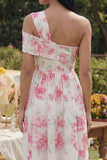 White One Shoulder Fuchsia Flower Printed A Line Midi Dress