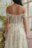 Light Green Corset Off the Shoulder Appliqued A Line Tulle Midi Dress
