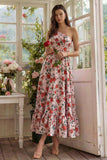 Pink Red Flower One Shoulder Printed  A Line Midi Dress