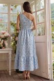 Blue Flower Jacquard One Shoulder A Line Midi Dress with Ruffles
