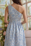 Blue Flower Jacquard One Shoulder A Line Midi Dress with Ruffles