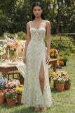 Light Green Appliqued Corset Tulle A Line Midi Dress with Slit