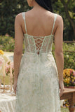 Light Green Appliqued Corset Tulle A Line Midi Dress with Slit