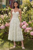 Light Green Appliqued Corset Strapless Tulle A Line Midi Dress