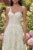 Light Green Appliqued Corset Strapless Tulle A Line Midi Dress