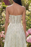 Light Green Appliqued Corset Strapless Tulle A Line Midi Dress