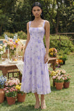 Lilac Printed Square Neck A Line Chiffon Midi Dress