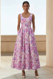 Lilac Flower Printed Curved Square Neck A Line Midi Dress