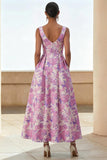 Lilac Flower Printed Curved Square Neck A Line Midi Dress